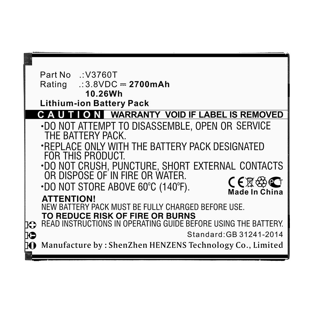 Synergy Digital Cell Phone Battery, Compatible with V3760T Cell Phone Battery (3.8V, Li-ion, 2700mAh)