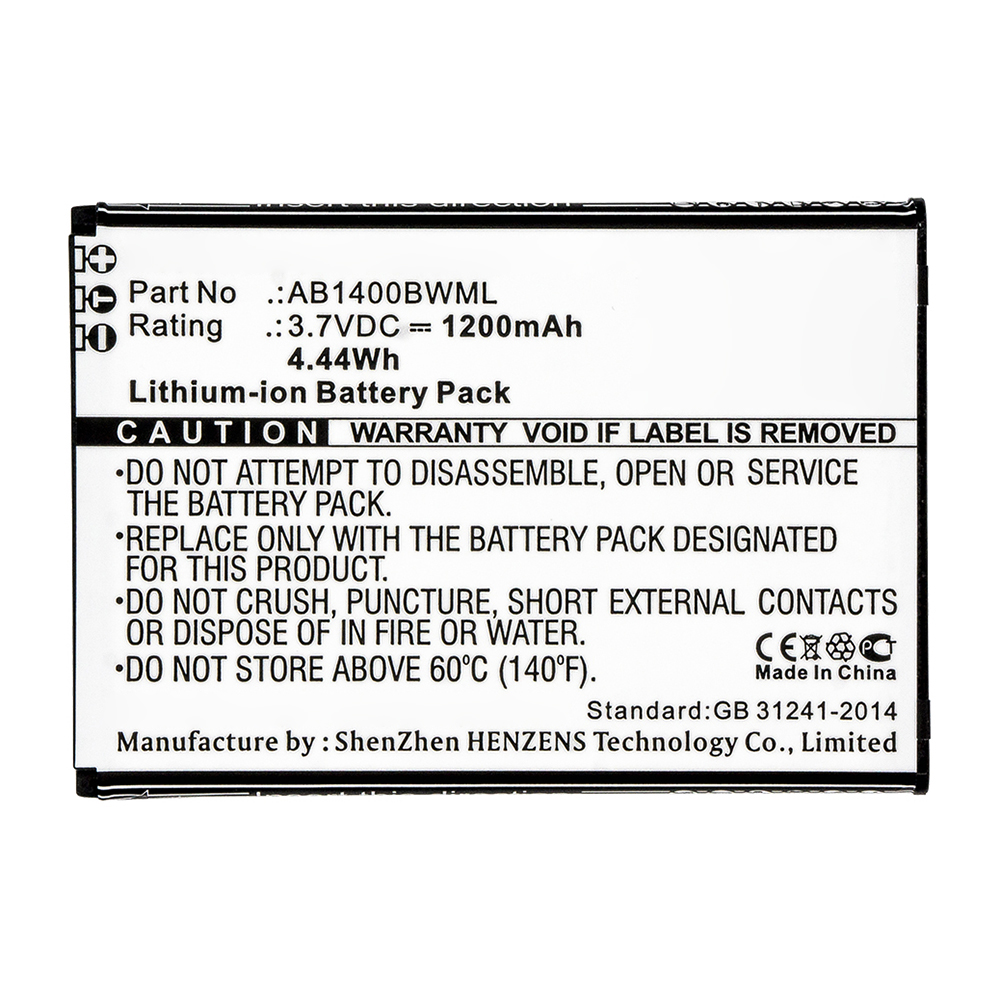 Synergy Digital Cell Phone Battery, Compatible with AB1400BWML Cell Phone Battery (3.7V, Li-ion, 1200mAh)