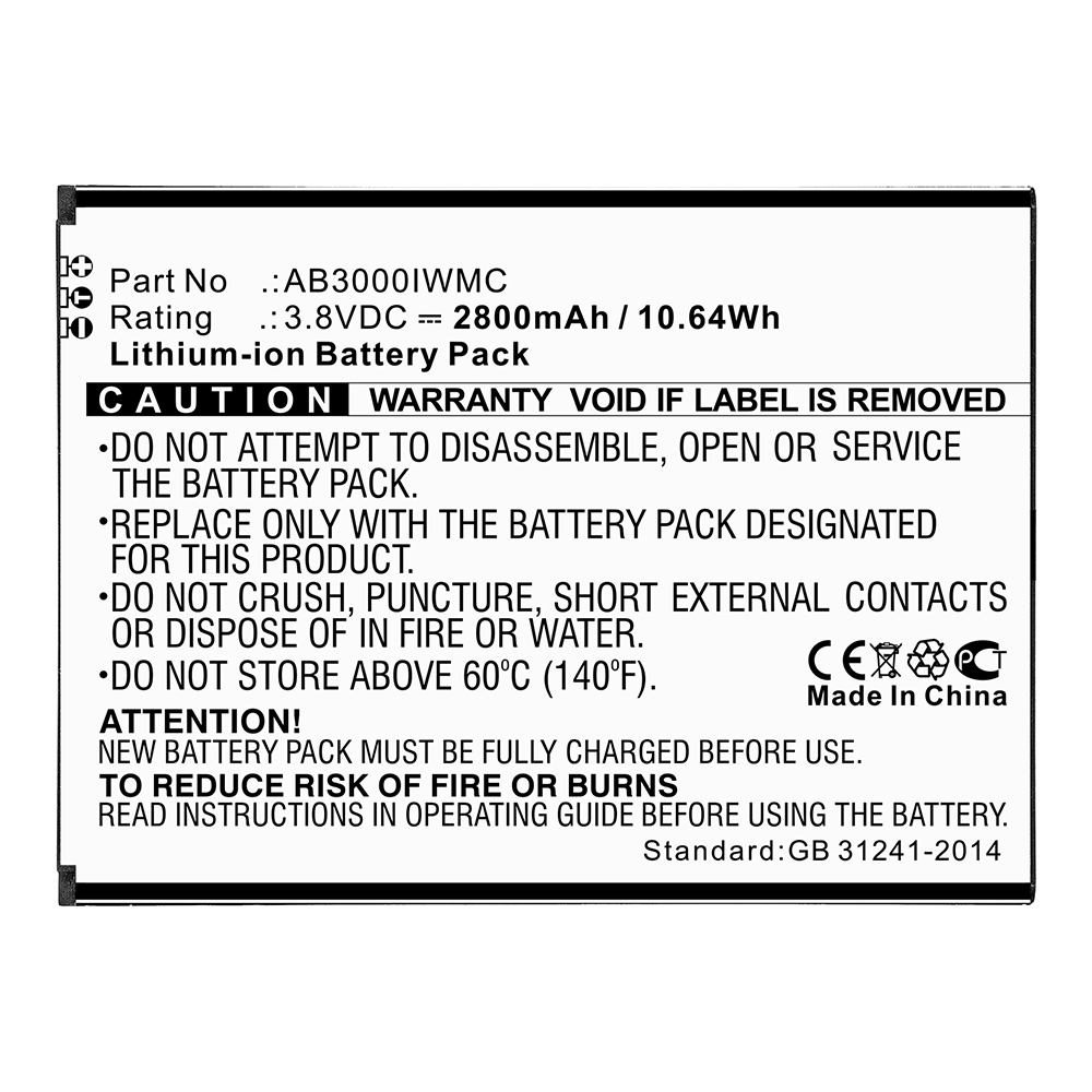 Synergy Digital Cell Phone Battery, Compatible with AB3000IWMC Cell Phone Battery (3.8V, Li-ion, 2800mAh)