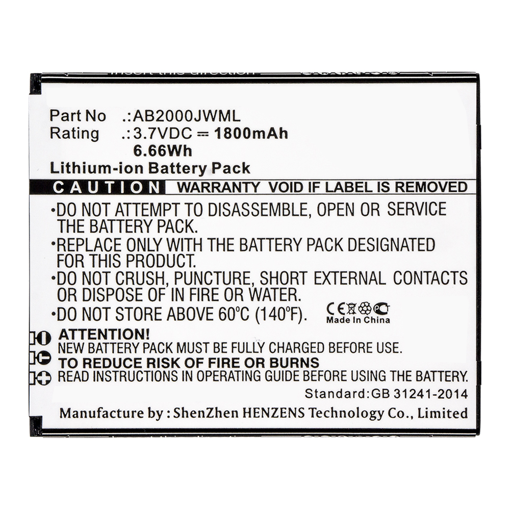 Synergy Digital Cell Phone Battery, Compatible with AB2000JWML Cell Phone Battery (3.7V, Li-ion, 1800mAh)