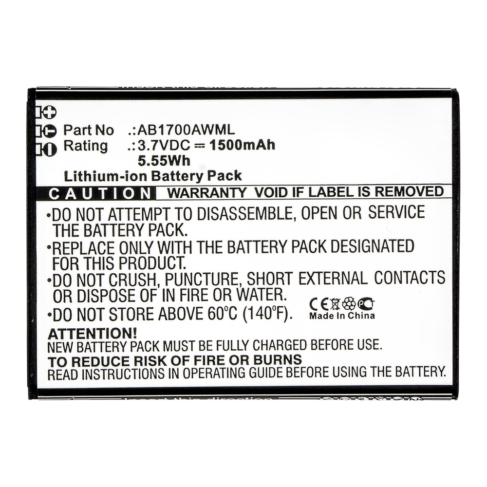 Synergy Digital Cell Phone Battery, Compatible with AB1700AWML Cell Phone Battery (3.7V, Li-ion, 1500mAh)