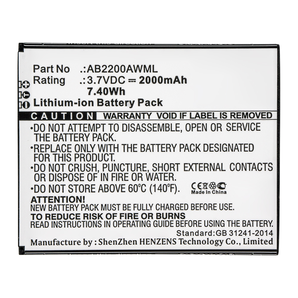 Synergy Digital Cell Phone Battery, Compatible with AB2200AWML Cell Phone Battery (3.7V, Li-ion, 2000mAh)