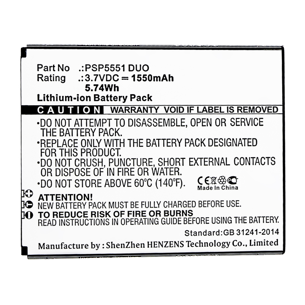 Synergy Digital Cell Phone Battery, Compatible with PSP5551 DUO Cell Phone Battery (3.7V, Li-ion, 1550mAh)