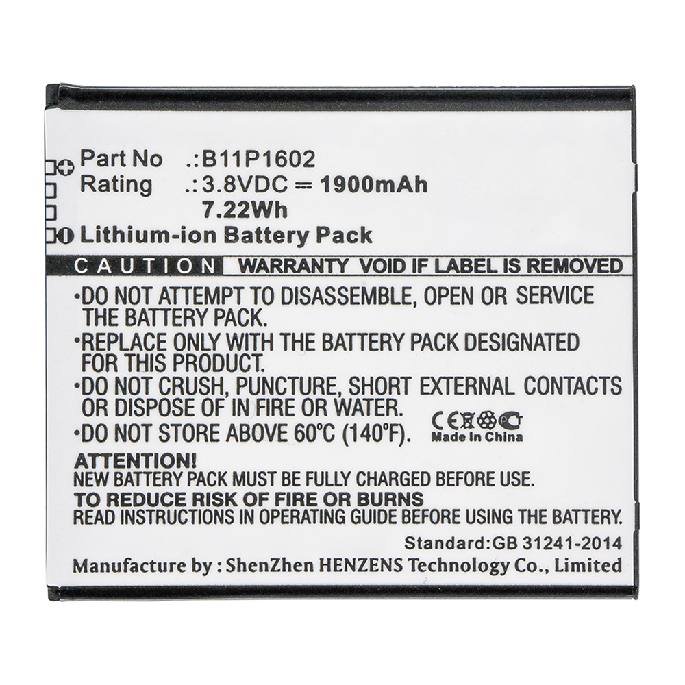 Synergy Digital Cell Phone Battery, Compatible with Asus B11P1602 ( 1ICP5/57/61 ) Cell Phone Battery (Li-ion, 3.8V, 1900mAh)