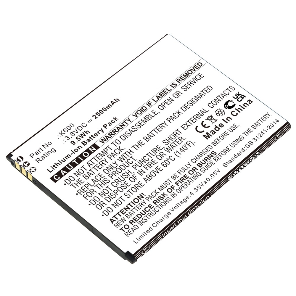 Synergy Digital Cell Phone Battery, Compatible with Wiko K600 Cell Phone Battery (Li-ion, 3.8V, 2500mAh)