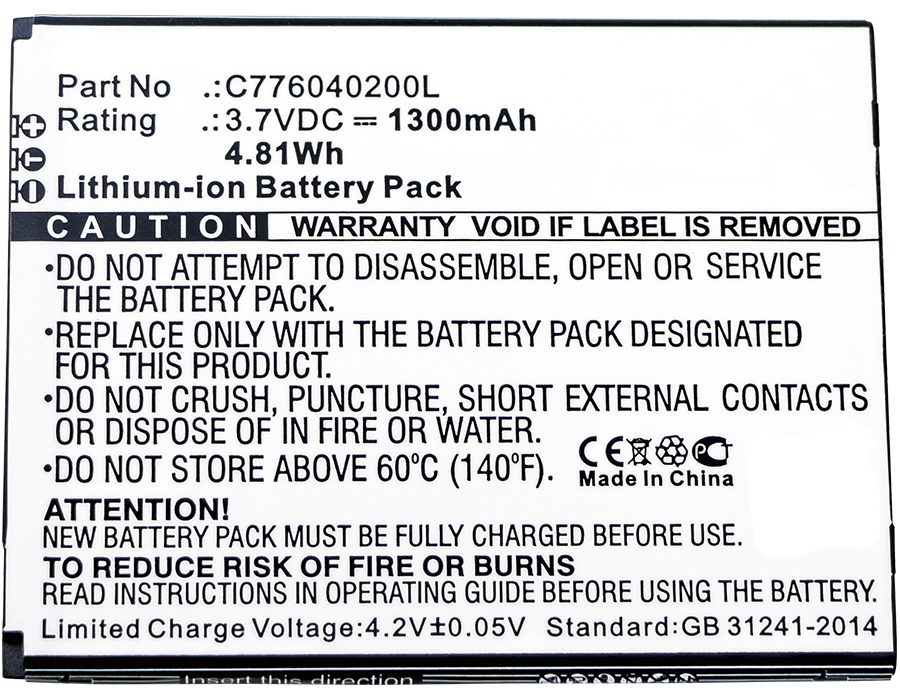 Synergy Digital Cell Phone Battery, Compatiable with BLU C776040200L Cell Phone Battery (3.7V, Li-ion, 1300mAh)