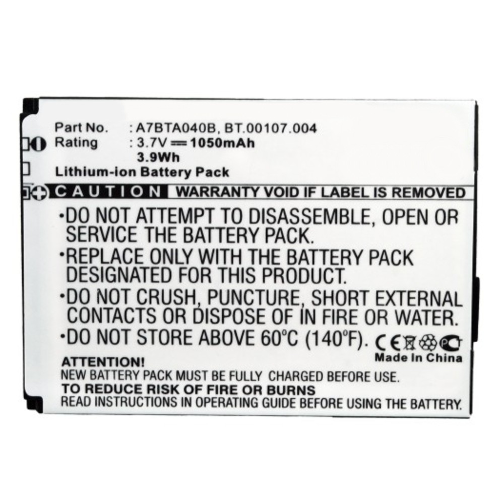 Synergy Digital Cell Phone Battery, Compatible with Acer A7BTA040B, BT.00107.004 Cell Phone Battery (Li-ion, 3.7V, 1050mAh)