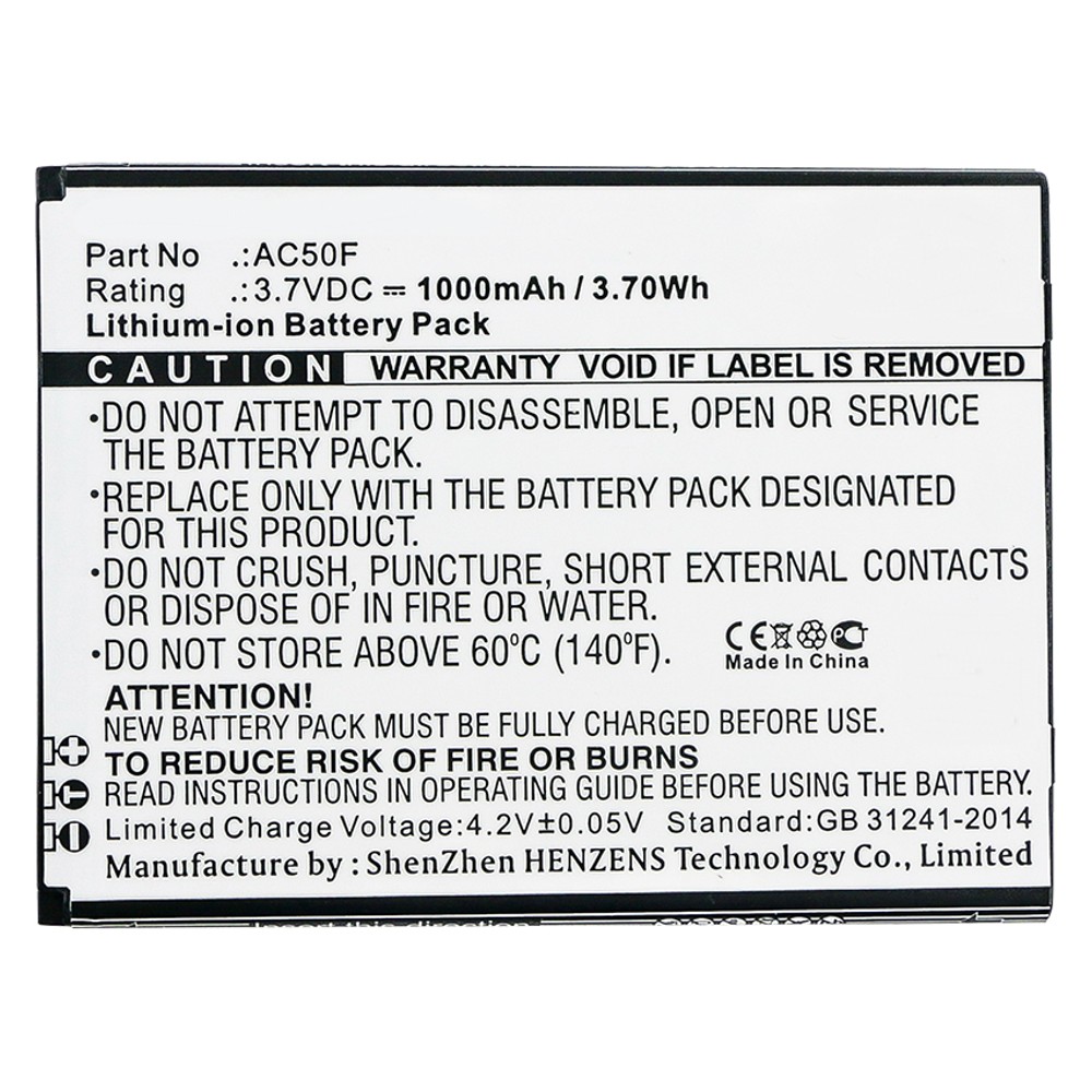 Synergy Digital Cell Phone Battery, Compatible with Archos AC50F, AC50FNEV Cell Phone Battery (Li-ion, 3.7V, 1000mAh)