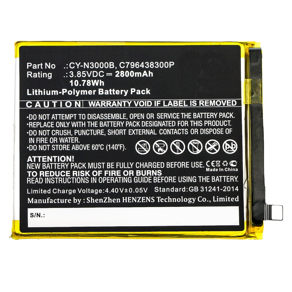 Synergy Digital Cell Phone Battery, Compatible with BLU C796438300P, CY-N3000B Cell Phone Battery (Li-Pol, 3.85V, 2800mAh)