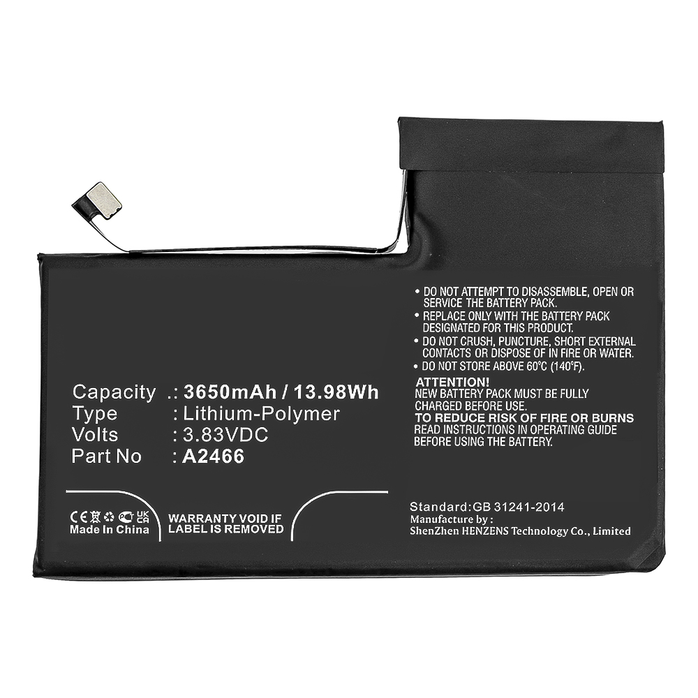 Synergy Digital Cell Phone Battery, Compatible with Apple A2466 Cell Phone Battery (Li-Pol, 3.83V, 3650mAh)