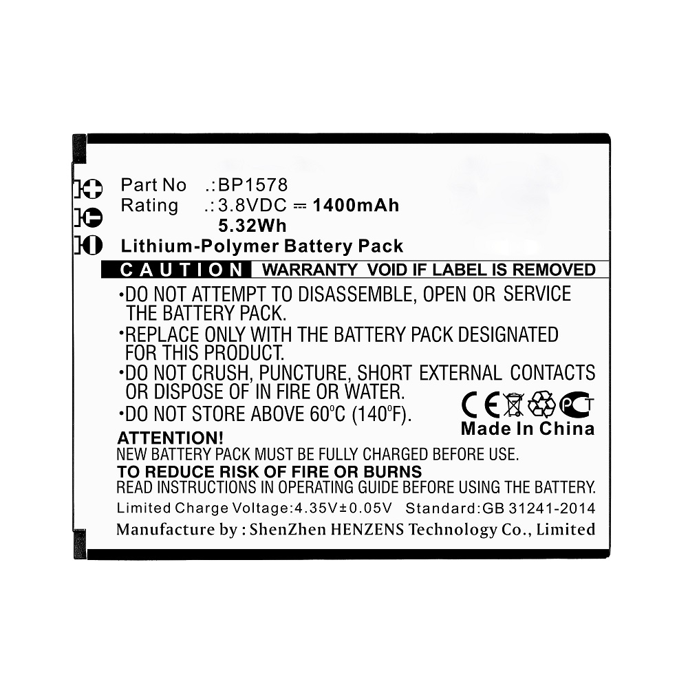 Synergy Digital Cell Phone Battery, Compatible with Kazuna BP1578 Cell Phone Battery (Li-Pol, 3.8V, 1400mAh)