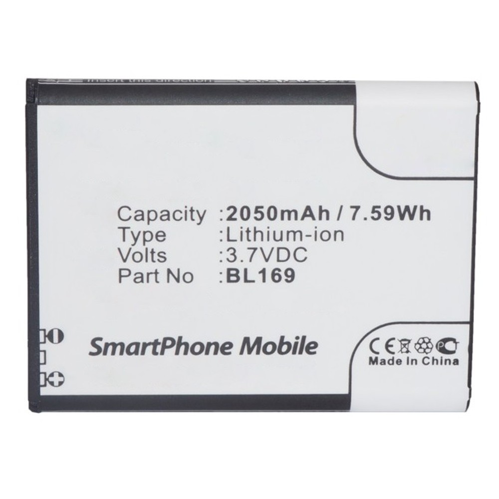 Synergy Digital Cell Phone Battery, Compatible with Lenovo BL169 Cell Phone Battery (Li-Pol, 3.7V, 2050mAh)