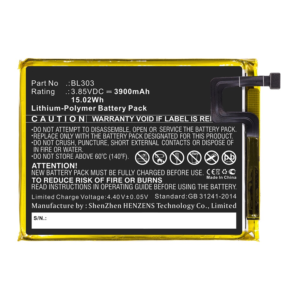 Synergy Digital Cell Phone Battery, Compatible with Lenovo BL303 Cell Phone Battery (Li-Pol, 3.85V, 3900mAh)