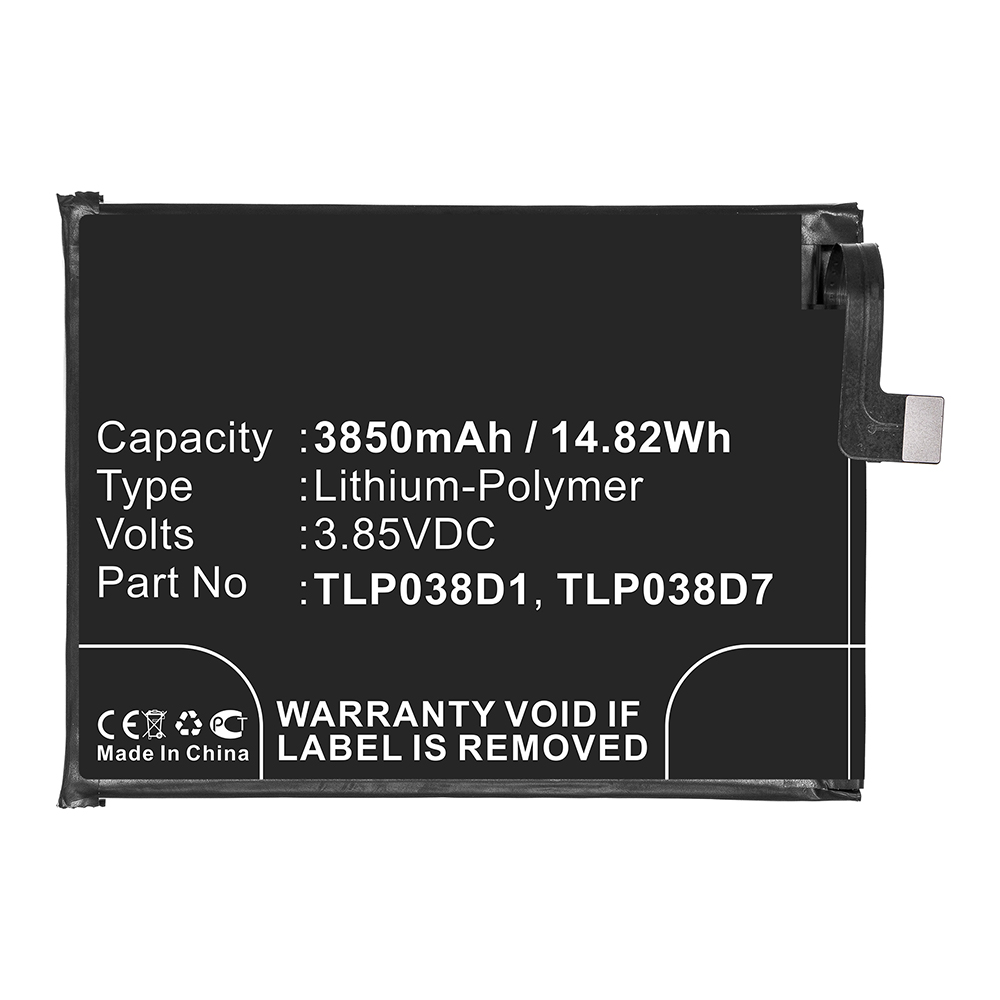 Synergy Digital Cell Phone Battery, Compatible with Alcatel TLP038D7 Cell Phone Battery (Li-Pol, 3.85V, 3850mAh)
