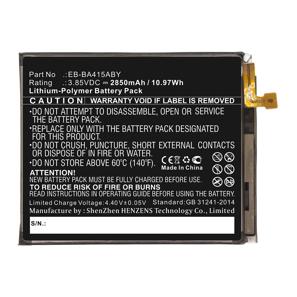 Synergy Digital Cell Phone Battery, Compatible with Samsung EB-BA415ABY Cell Phone Battery (Li-Pol, 3.85V, 2850mAh)