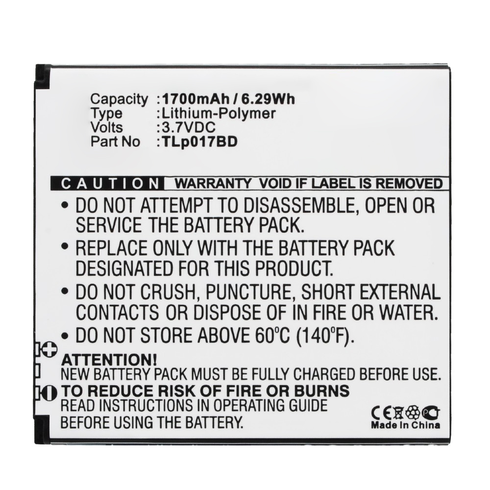 Synergy Digital Cell Phone Battery, Compatible with TCL TLp017BD Cell Phone Battery (Li-Pol, 3.7V, 1700mAh)