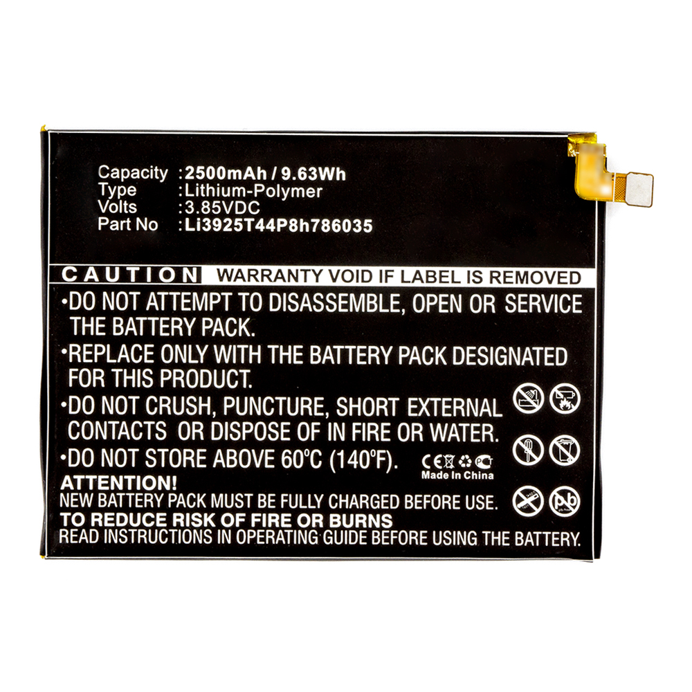 Synergy Digital Cell Phone Battery, Compatible with ZTE Li3925T44P8h786035 Cell Phone Battery (Li-Pol, 3.85V, 2500mAh)