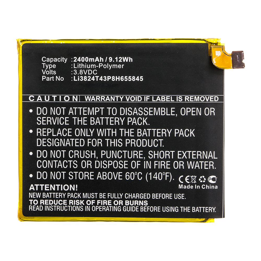 Synergy Digital Cell Phone Battery, Compatible with ZTE Li3824T43P8H655845 Cell Phone Battery (Li-Pol, 3.8V, 2400mAh)