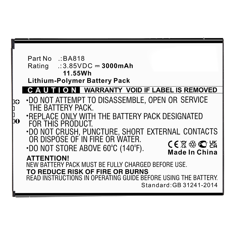 Synergy Digital Cell Phone Battery, Compatible with BA818 Cell Phone Battery (3.85V, Li-Pol, 3000mAh)