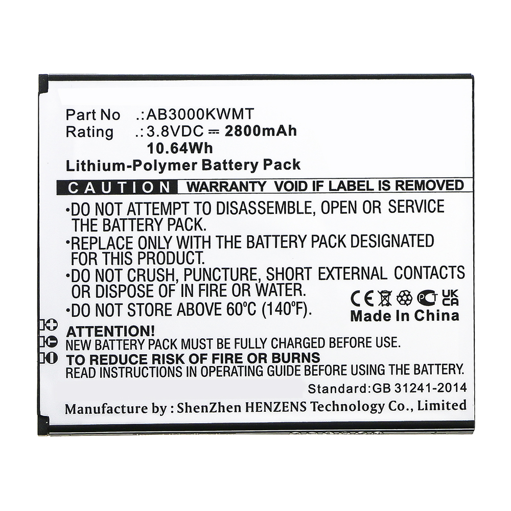 Synergy Digital Cell Phone Battery, Compatible with AB3000KWMT Cell Phone Battery (3.8V, Li-Pol, 2800mAh)