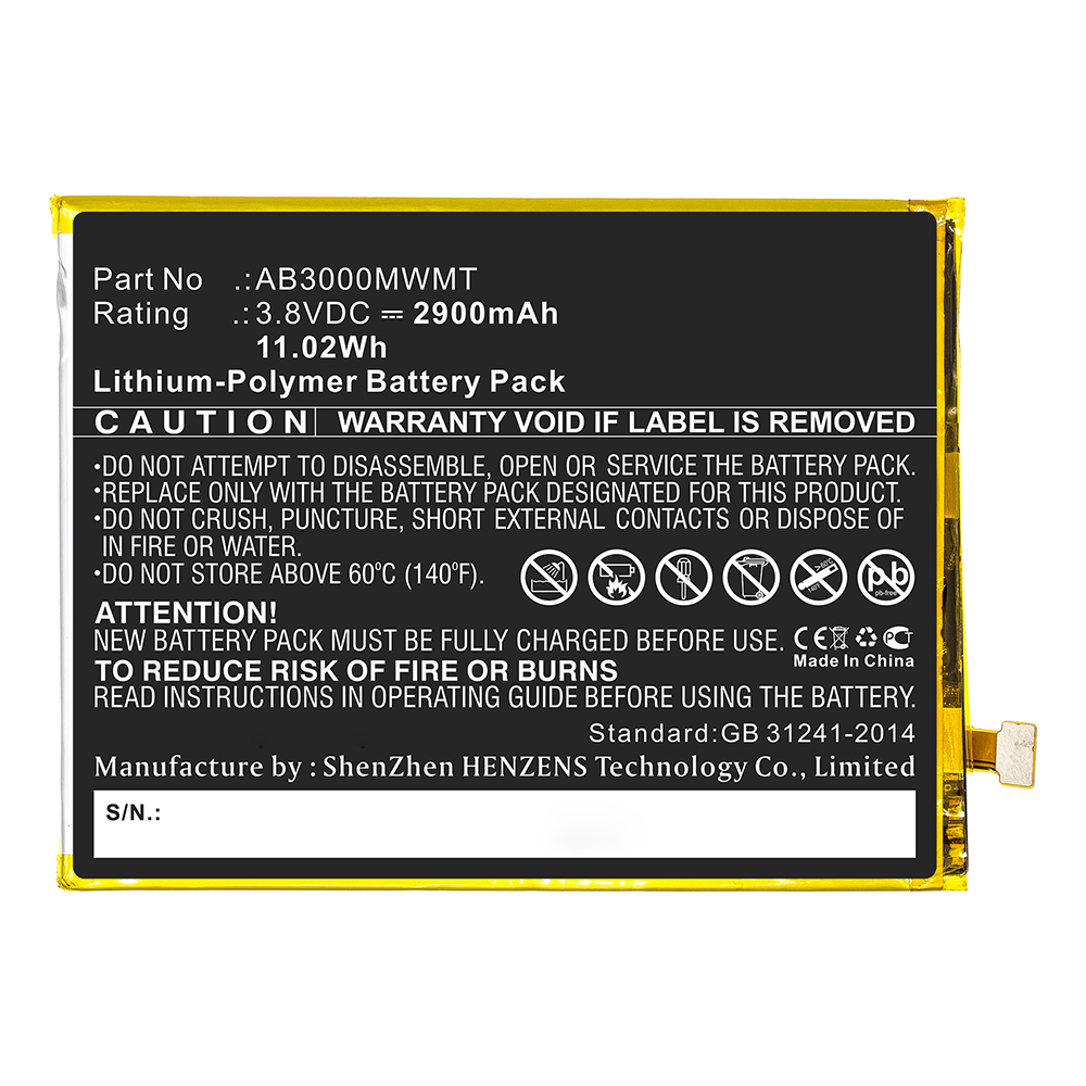 Synergy Digital Cell Phone Battery, Compatible with AB3000MWMT Cell Phone Battery (3.8V, Li-Pol, 2900mAh)