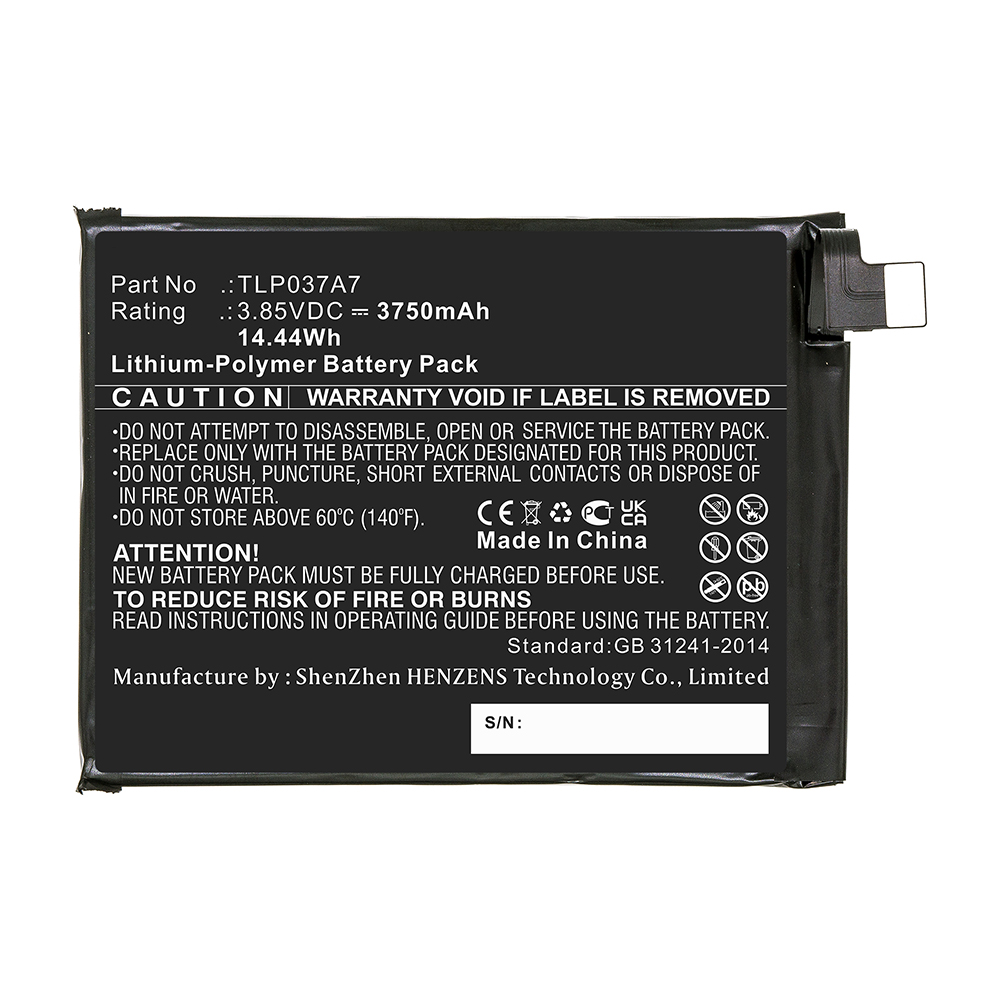 Synergy Digital Cell Phone Battery, Compatible with Alcatel TLP037A7 Cell Phone Battery (Li-Pol, 3.85V, 3750mAh)