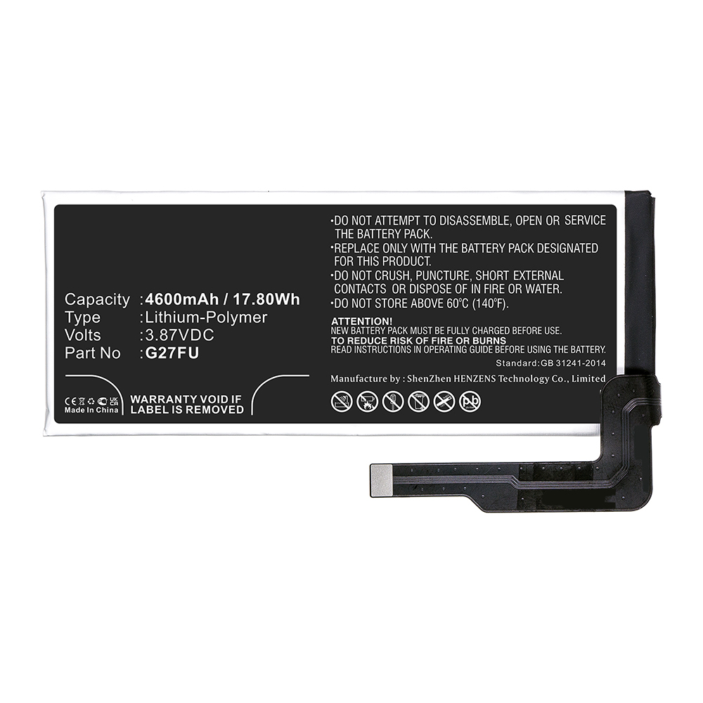 Synergy Digital Cell Phone Battery, Compatible with Google G27FU Cell Phone Battery (Li-Pol, 3.87V, 4600mAh)
