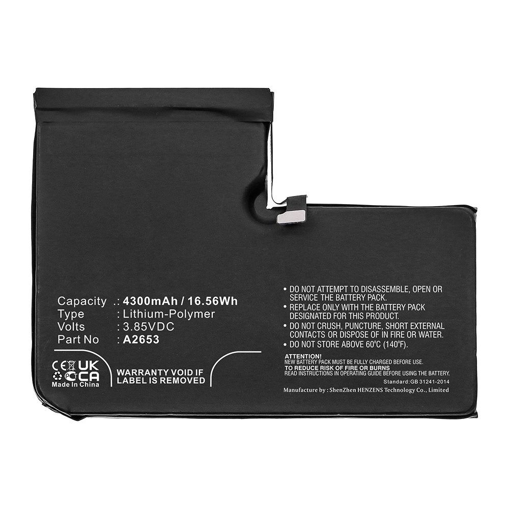 Synergy Digital Cell Phone Battery, Compatible with Apple A2653 Cell Phone Battery (Li-Pol, 3.85V, 4300mAh)