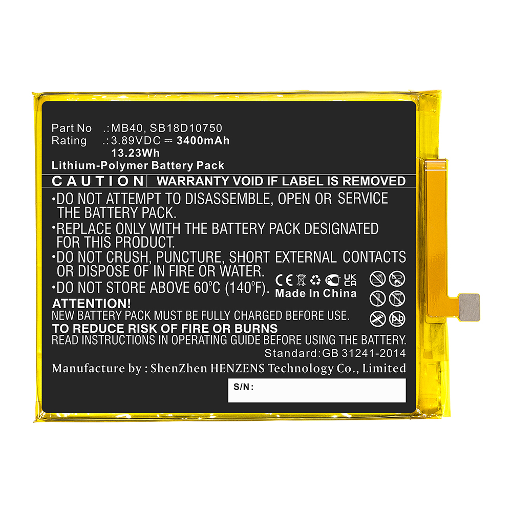 Synergy Digital Cell Phone Battery, Compatible with Motorola MB40 Cell Phone Battery (Li-Pol, 3.89V, 3400mAh)