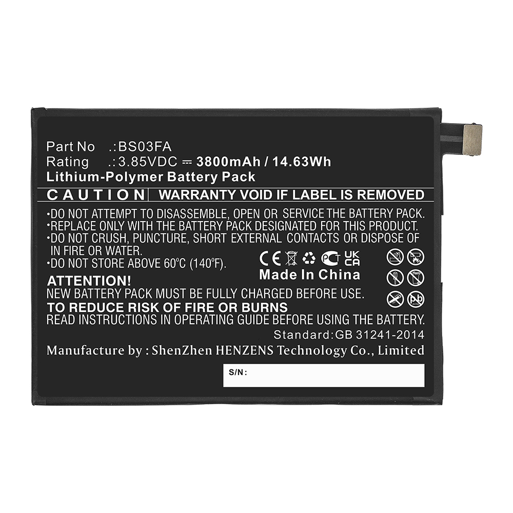 Synergy Digital Cell Phone Battery, Compatible with Xiaomi BS03FA Cell Phone Battery (Li-Pol, 3.85V, 3800mAh)