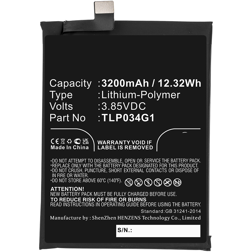 Synergy Digital Cell Phone Battery, Compatible with Alcatel TLP034G1 Cell Phone Battery (Li-Pol, 3.85V, 3200mAh)