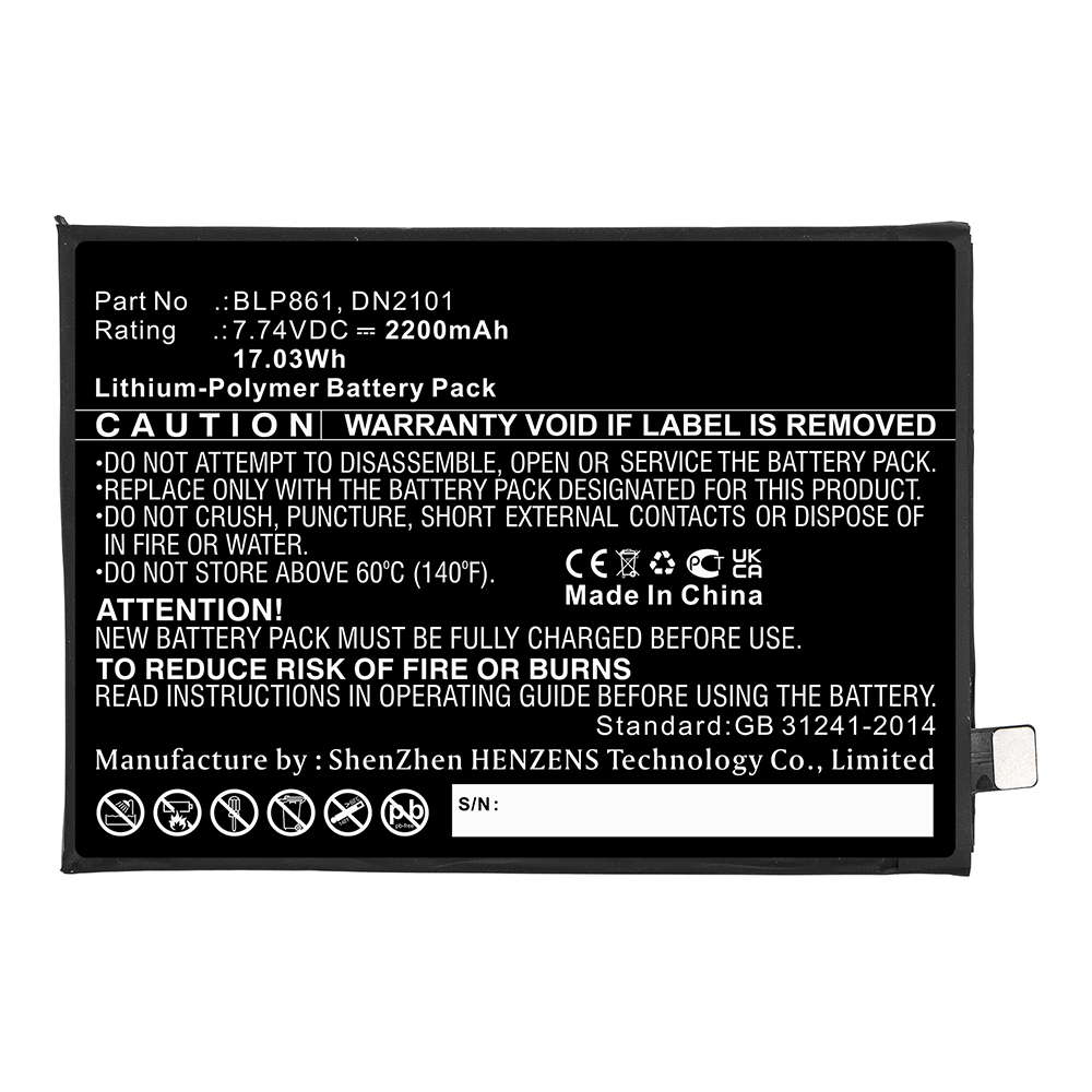 Synergy Digital Cell Phone Battery, Compatible with Oneplus BLP861 Cell Phone Battery (Li-Pol, 7.74V, 2200mAh)