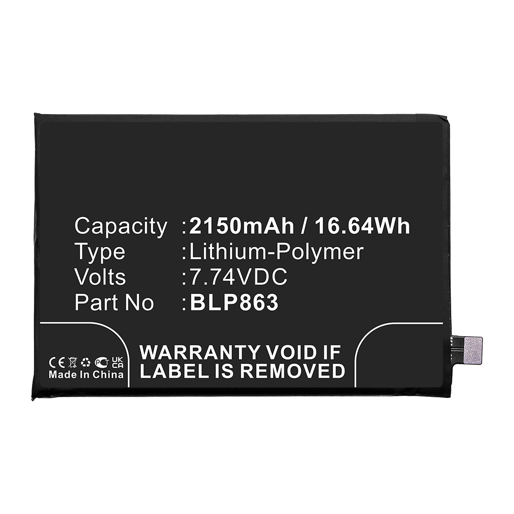 Synergy Digital Cell Phone Battery, Compatible with OPPO BLP863 Cell Phone Battery (Li-Pol, 7.74V, 2150mAh)