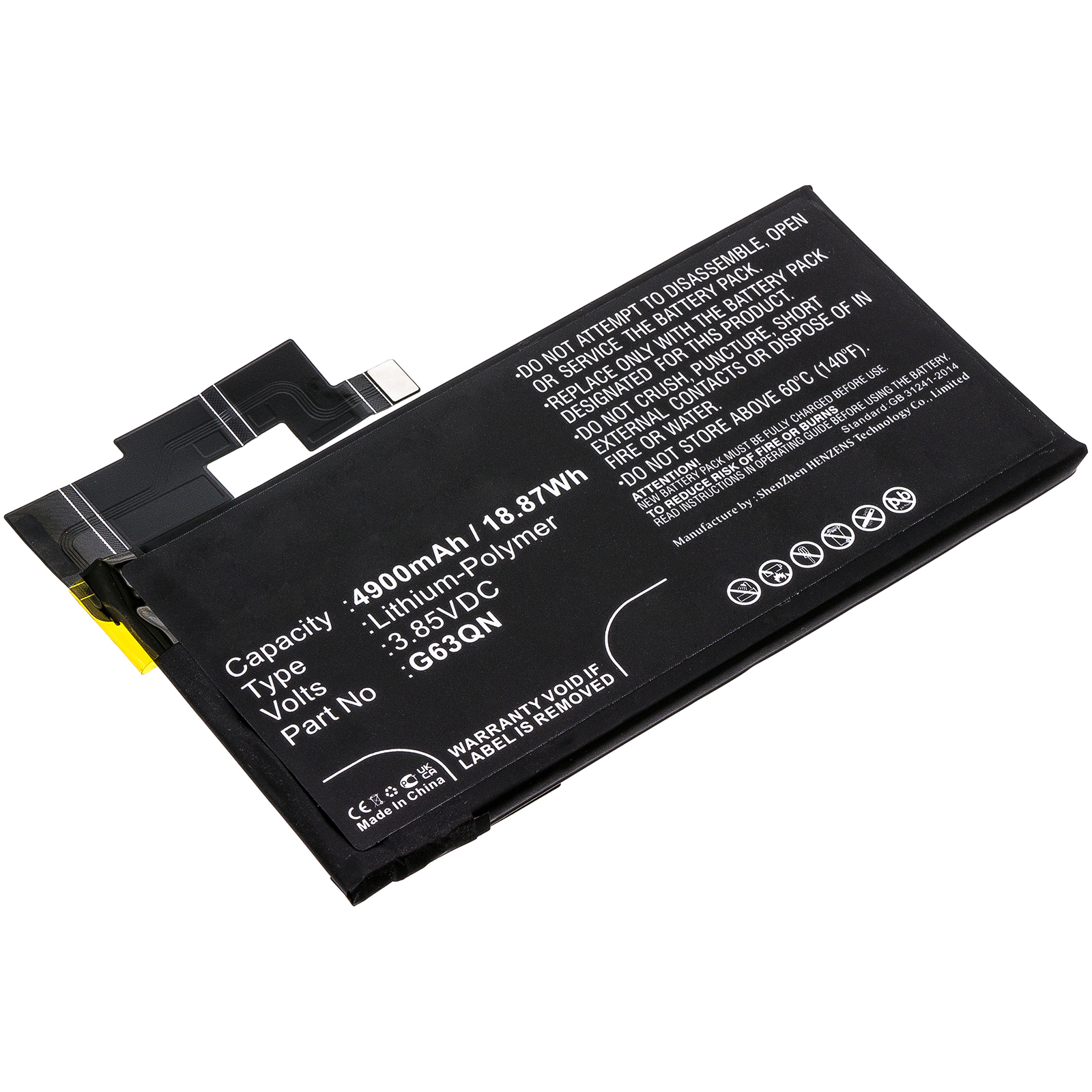 Synergy Digital Cell Phone Battery, Compatible with Google G63QN Cell Phone Battery (Li-Pol, 3.85V, 4900mAh)