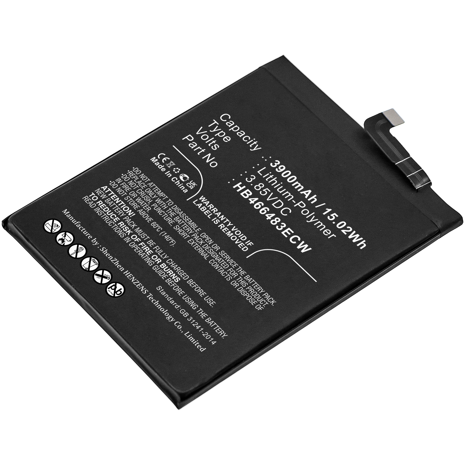 Synergy Digital Cell Phone Battery, Compatible with Huawei HB466483ECW Cell Phone Battery (Li-Pol, 3.85V, 3900mAh)