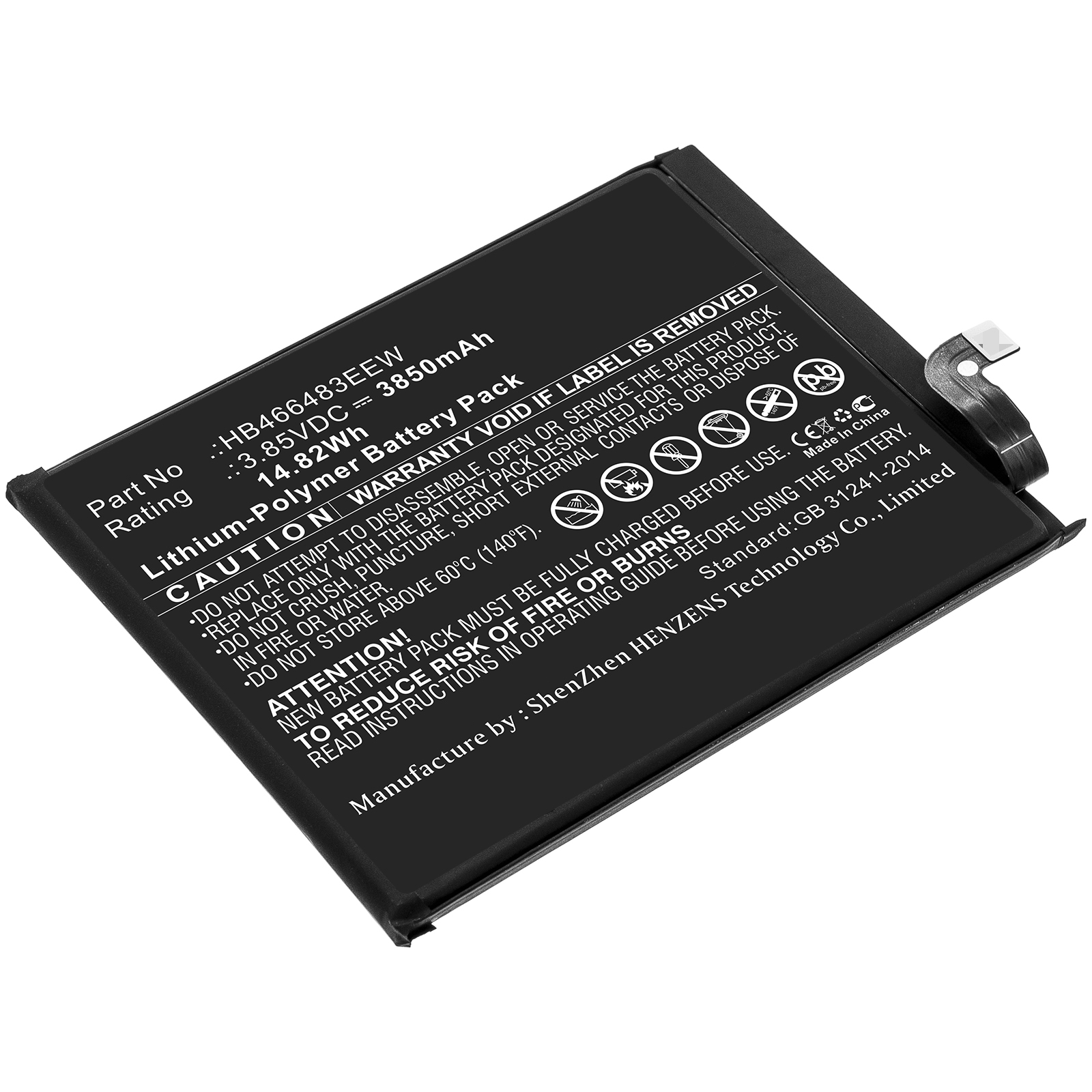 Synergy Digital Cell Phone Battery, Compatible with Huawei HB466483EEW Cell Phone Battery (Li-Pol, 3.85V, 3850mAh)