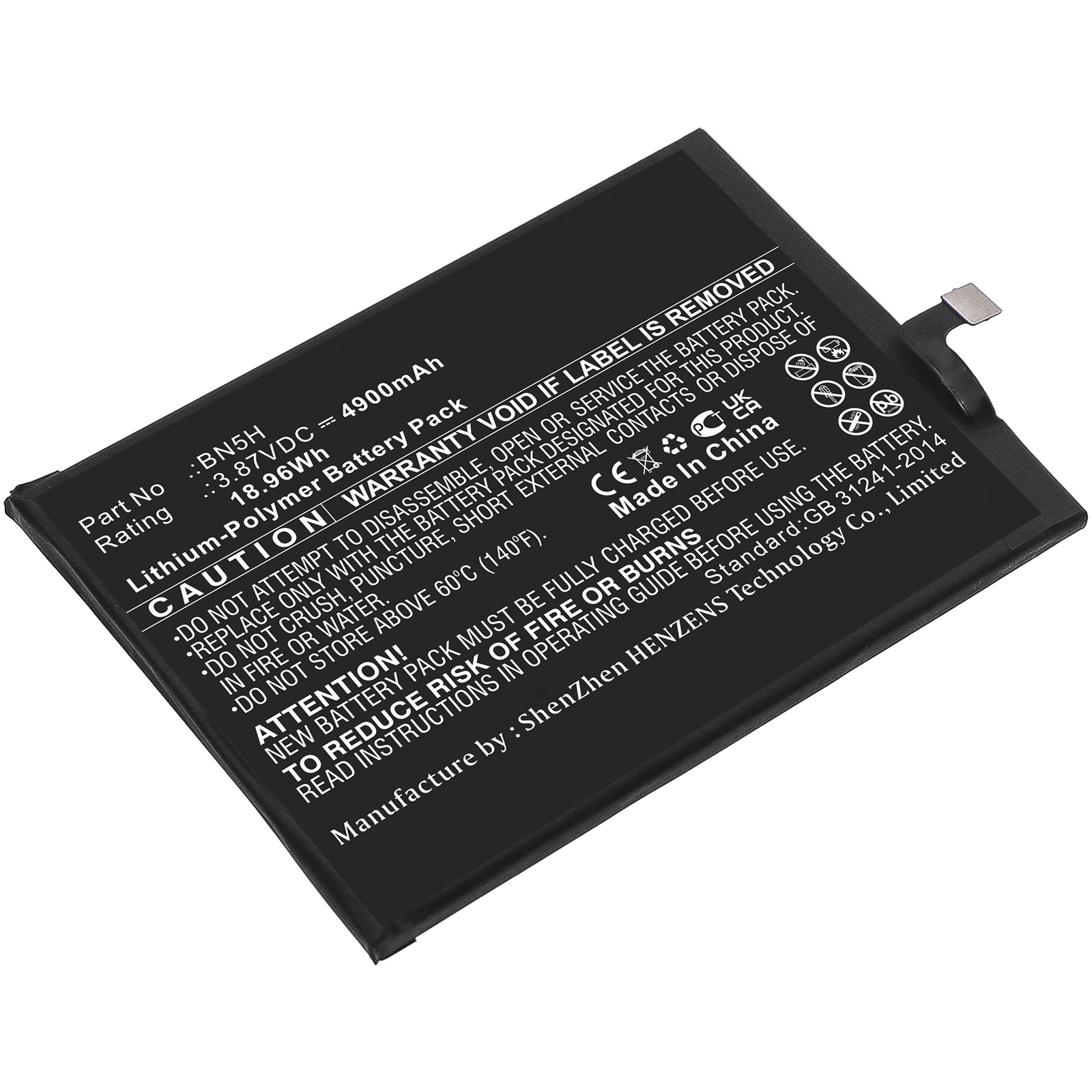 Synergy Digital Cell Phone Battery, Compatible with Xiaomi BN5H Cell Phone Battery (Li-Pol, 3.87V, 4900mAh)