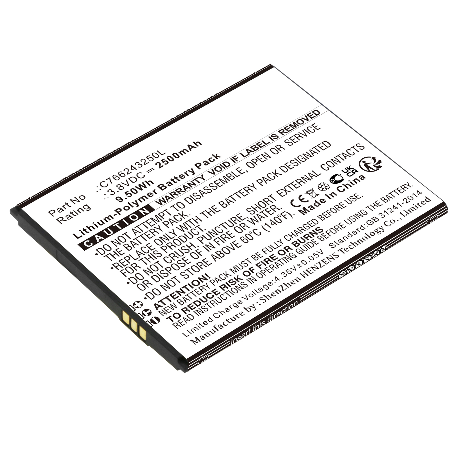 Synergy Digital Cell Phone Battery, Compatible with BLU C766243250L Cell Phone Battery (Li-Pol, 3.8V, 2500mAh)