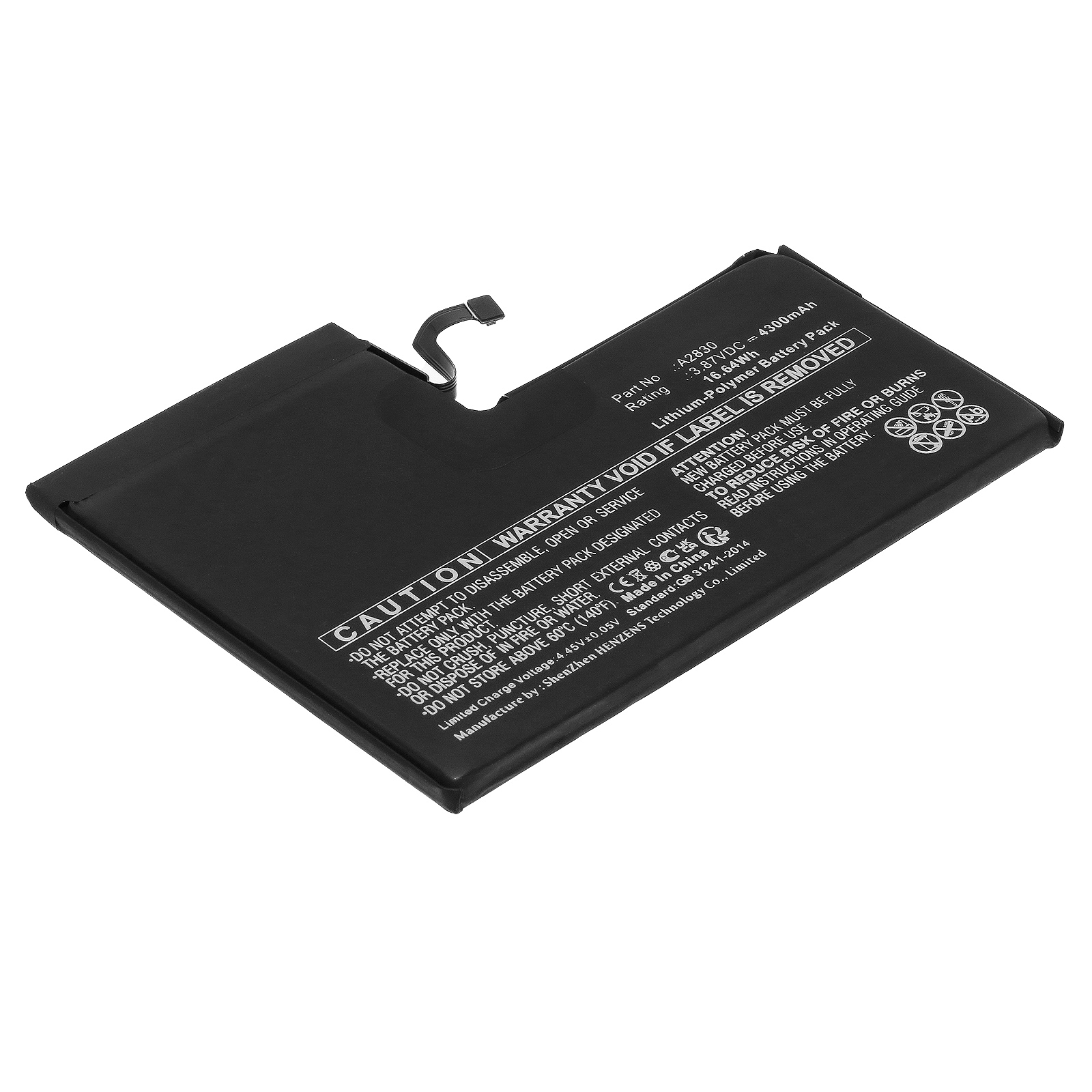 Synergy Digital Cell Phone Battery, Compatible with Apple A2830 Cell Phone Battery (Li-Pol, 3.87V, 4300mAh)