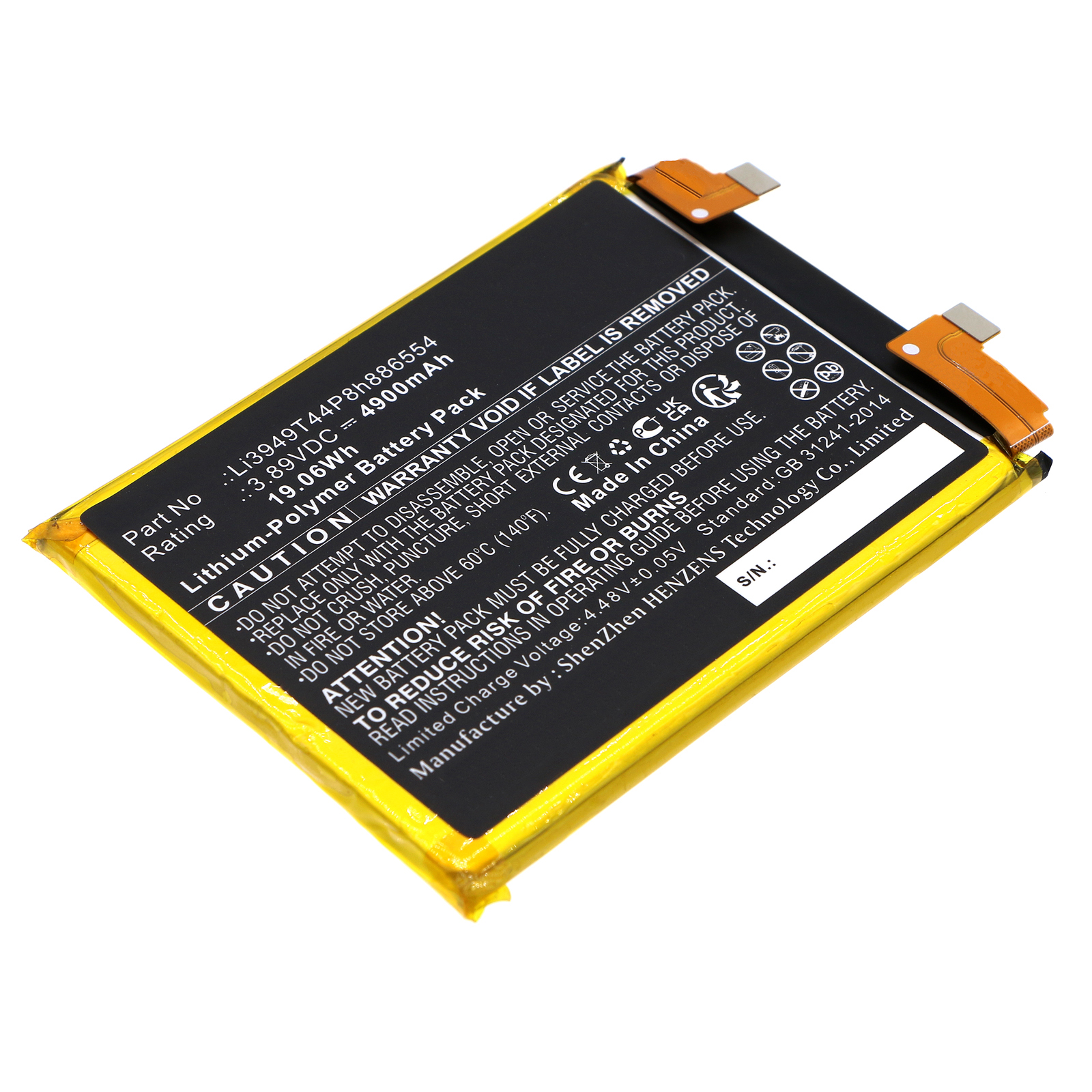 Synergy Digital Cell Phone Battery, Compatible with ZTE Li3949T44P8h886554 Cell Phone Battery (Li-Pol, 3.89V, 4900mAh)