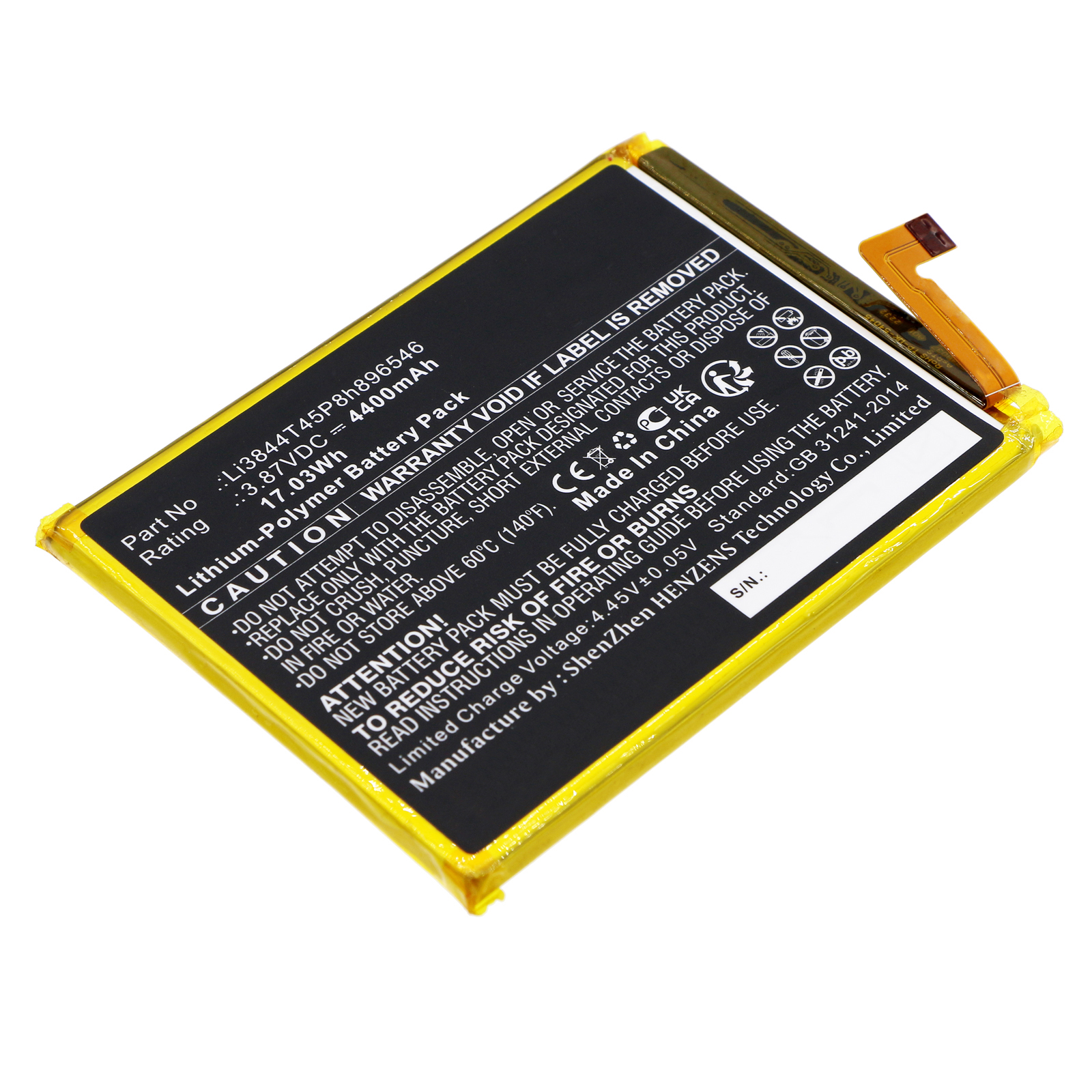 Synergy Digital Cell Phone Battery, Compatible with ZTE Li3844T45P8h896546 Cell Phone Battery (Li-Pol, 3.87V, 4400mAh)