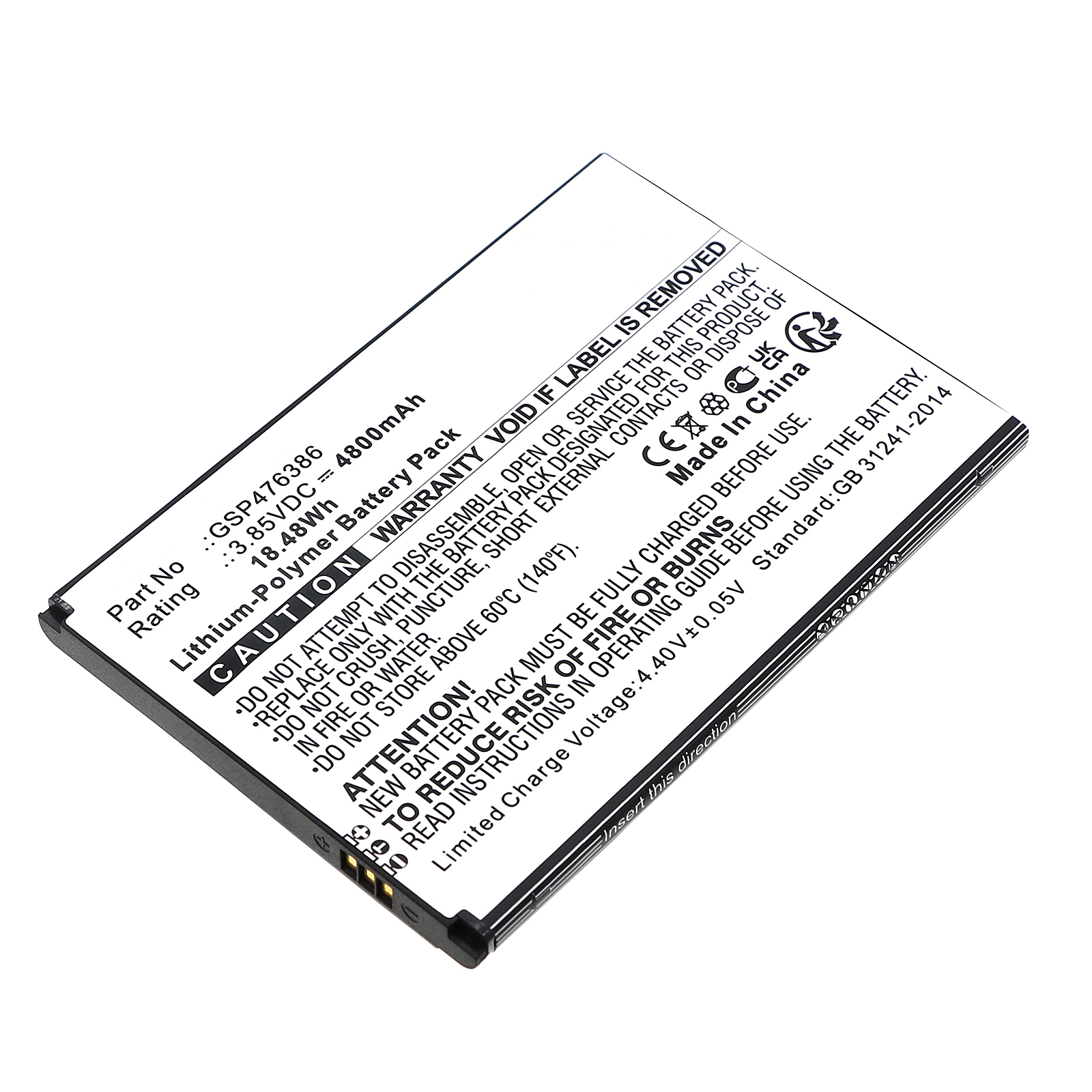 Synergy Digital Cell Phone Battery, Compatible with Vortex GSP476386 Cell Phone Battery (Li-Pol, 3.85V, 4800mAh)