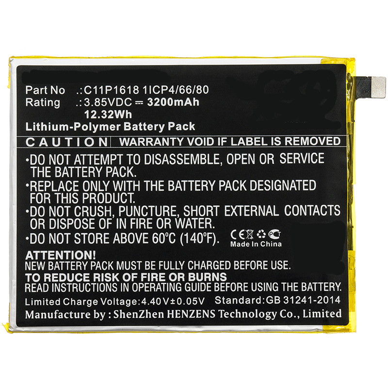 Synergy Digital Cell Phone Battery, Compatiable with Asus C11P1618 1ICP4/66/80 Cell Phone Battery (3.85V, Li-Pol, 3200mAh)