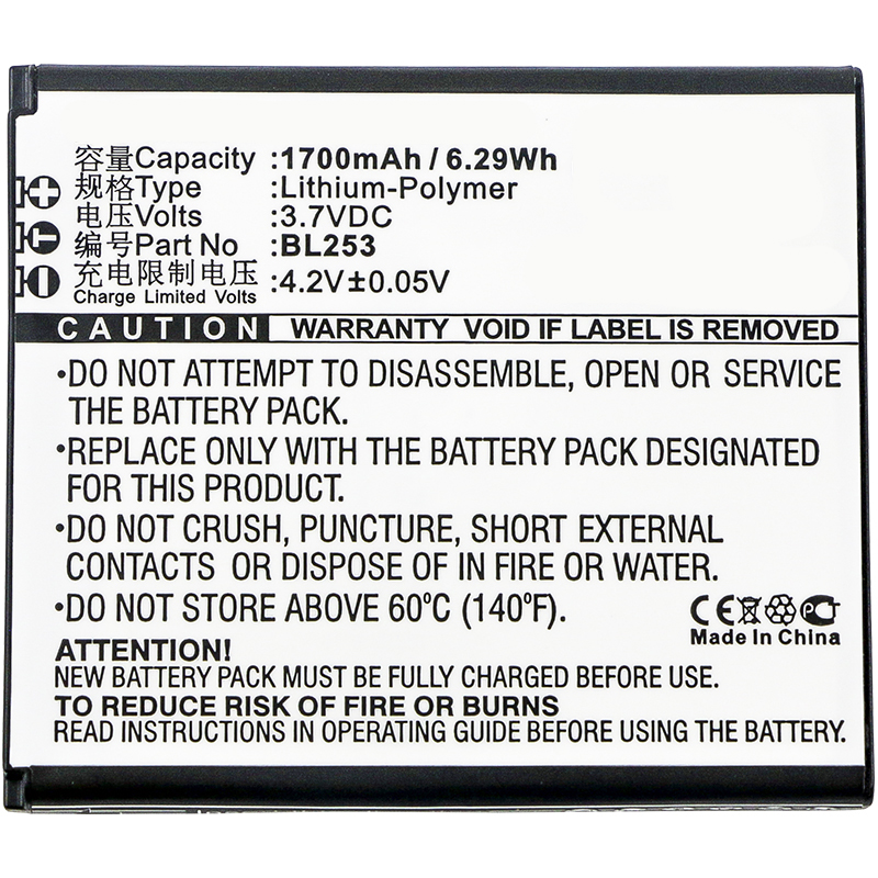 Synergy Digital Cell Phone Battery, Compatiable with Lenovo BL253 Cell Phone Battery (3.7V, Li-Pol, 1700mAh)