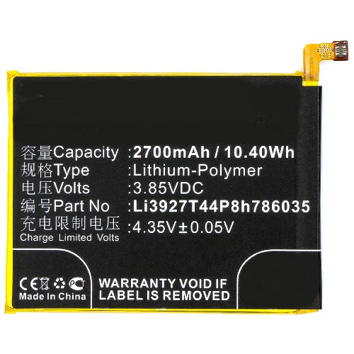 Synergy Digital Cell Phone Battery, Compatible with ZTE Li3927T44P8h786035 Cell Phone Battery (3.85V, Li-Pol, 2700mAh)