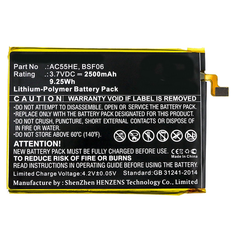 Synergy Digital Cell Phone Battery, Compatible with Archos AC55HE, BSF06 Cell Phone Battery (Li-Pol, 3.7V, 2500mAh)