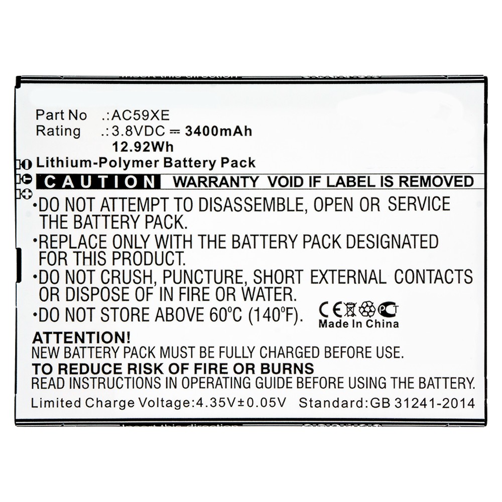 Synergy Digital Cell Phone Battery, Compatible with Archos AC59XE Cell Phone Battery (Li-Pol, 3.8V, 3400mAh)
