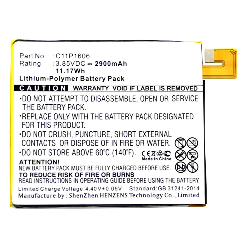 Synergy Digital Cell Phone Battery, Compatible with Asus 0B200-02250000, C11P1606 Cell Phone Battery (Li-Pol, 3.85V, 2900mAh)