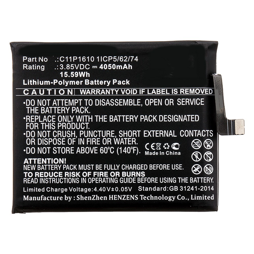 Synergy Digital Cell Phone Battery, Compatible with Asus C11P1610 1ICP5/62/74 Cell Phone Battery (Li-Pol, 3.85V, 4050mAh)