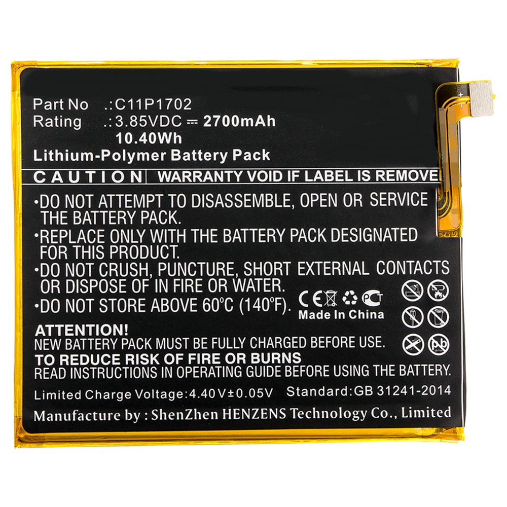 Synergy Digital Cell Phone Battery, Compatible with Asus C11P1702 Cell Phone Battery (Li-Pol, 3.85V, 2700mAh)